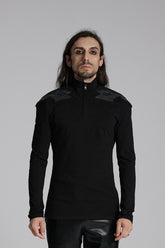 Black Stand Collar Long Sleeves Zip 3D Patch Print Men's Punk T-Shirt